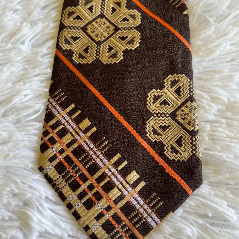 Vintage 70s Sears Polyester Wide Necktie Brown Jacquard Gold Beige Orange